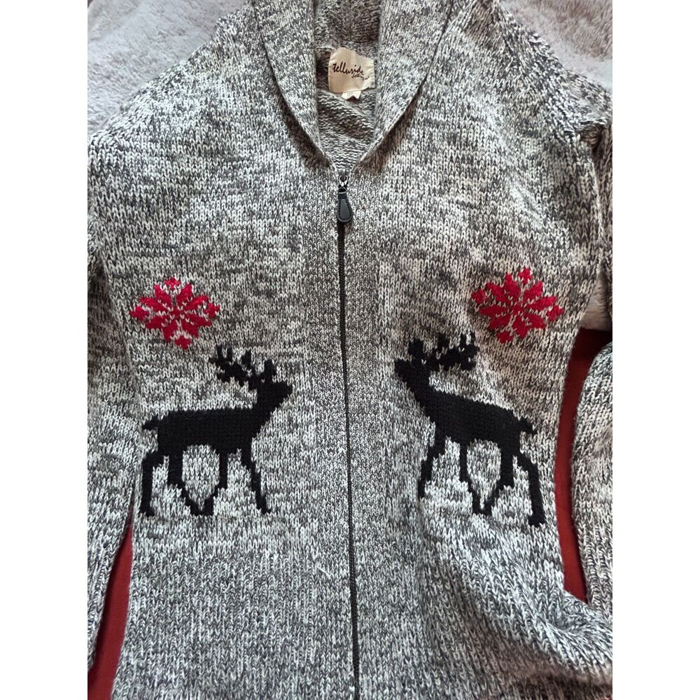 EUC Telluride Gray Zip-Front Reindeer Cardigan Sweater with Red Accents.